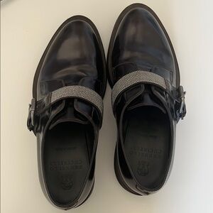 Brunello Cucinelli Black Leather Loafers with Silver Accents